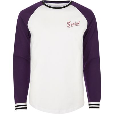 White and purple social print baseball top